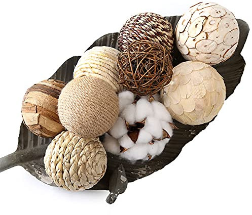 CIR OASES Multi-Material tri-Color Decorative Ball 9 Balls, Natural Rattan Weaving Ball, Cotton Ball, Used for vase Bowl Filling, Table Decoration (grün)