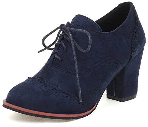 Lizoleor Damen Klassischer Schnüren Blockabsatz Leisure Brogue Leisure Höhe Ferse Pumps Retro Oxford Buro Schuhe Blau Gr 39 EU/40Cn
