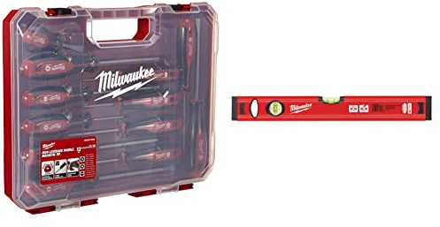 Milwaukee Set of 12 Tri-Lobe Screwdrivers 4932472003 & 4932459090 40 cm/16-Inch Redstick Slim Level - Red/Black