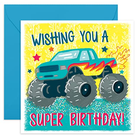 Monster Truck födelsedagskort för pojkar – färgglada och roliga gratulationskort för barn, honom, son, brorson, barnbarn – coola bilar – levereras med roliga klistermärken