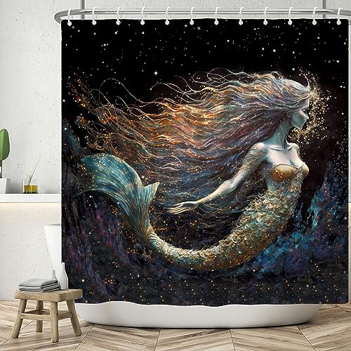 ASDCXZ Tenda da doccia a forma di sirena, 120 x 200 cm, in tessuto impermeabile, arte moderna, con glitter, per esterni, lavabile, in poliestere, con 8 ganci