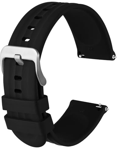 Anbeer Silikon Uhrenarmbänder für Herren Damen,20mm Ersatzarmband aus Gummi mit Schnellverschluss, Extra Lang,Schwarz mit Silberne Schnalle