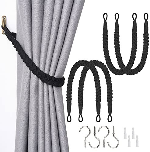 ANSNOW 2Er-Pack Vorhang-Raffhalter Aus Natürlichem Baumwollseil Im Boho-Stil, Dekorative Vorhang-Raffhalter, Handgewebte Seil-Vorhanghalter Mit Metallhaken Für Vorhänge Zu Hause Und Im Büro/Schwarz/