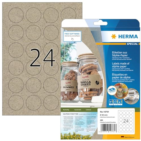HERMA 10761 Universal Etiketten aus Graspapier rund, 20 Blatt, Ø 40 mm, 24 pro A4 Bogen, 480 Stück, selbstklebend, bedruckbar, matt, blanko Klebeetiketten aus Silphie-Papier, natur-braun