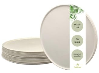 DeinPack 50 piatti per pizza a canna da zucchero, Ø 32,5 cm, bianchi, rotondi, per feste, stoviglie monouso, stoviglie biologiche, piatti da bagassa, piatti biologici, piatti biodegradabili per pizza