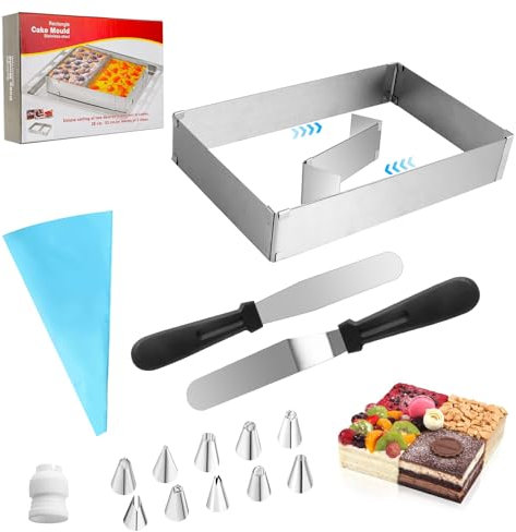 Trukafie Backrahmen Rechteckig Verstellbar,52x33x5cm Hoch Edelstahl Backform Rechteckig, Kuchenform Eckig mit Teiler, Spatel, Spritzbeuteln,Spritztüllen, Backrahmen für Schichttorten,Torten,Pizza