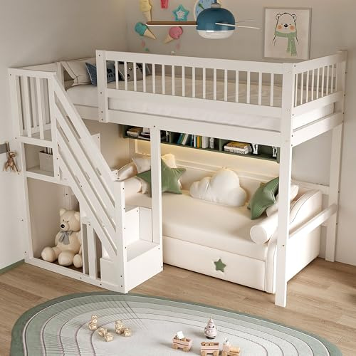 Merax Hochbett für Einzelbett, 90 x 200 cm, multifunktionales Hochbett für Kinder, mit Treppe und Stauraum, Massivholzrahmen, Weiß (ohne Matratze)