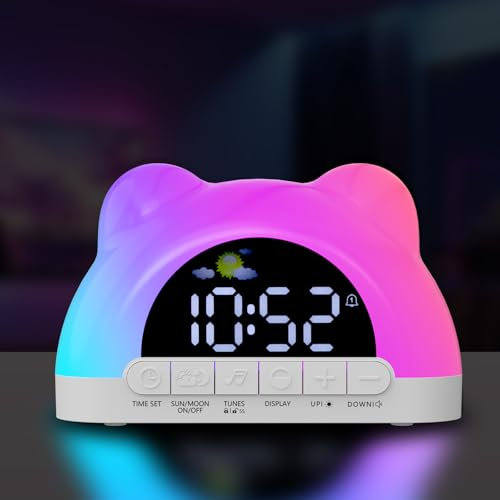 Zhwidnerso Kids Alarm Clock with Sun & Moon, 11 RGB Toddler Sleep Training Sunrise Alarm Clock OK to Wake for Kids Girls Boys Sleep Training, Dual Alarms,5 Natural Sounds