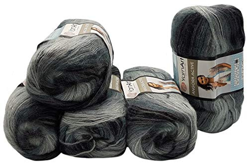 5 x 100 g Ilkadim Export Angora Active Strickwolle mehrfarbig mit Farbverlauf, 500 Gramm Strickgarn mit 20% Wolle, Farbverlaufswolle (schwarz grau 840)