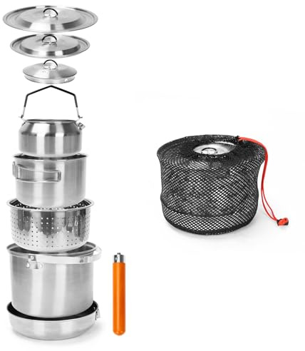 GFTIME Set di pentole da campeggio, in acciaio inox, da campeggio, 5 pezzi