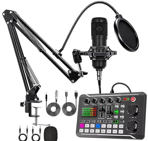 Tarjeta de Sonido en Vivo con Efectos de Mezclador y Cambiador de Voz, F998 Mesa de Mezcla de Audio, Tarjeta de Sonido Profesional con Luces LED, Múltiples Efectos de Sonido,Black