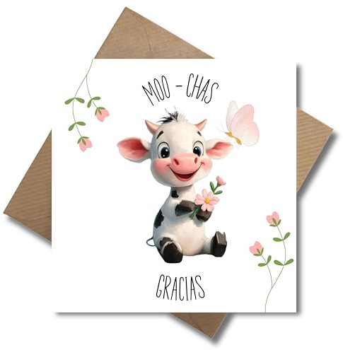 Danksagungskarte mit Umschlag - Moo-chas Gracias Dankeskarte Wertschätzung niedliche Babykuh rosa Grußkarte Freundschaft Freude (quadratisch - 125 x 125 mm)