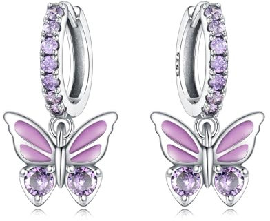 CYMYSS Ohrringe Silber 925 Hängend Zirkonia Earrings Ohrhänger Silber 925 Hängeohrringe für Damen Geschenk für Frauen Freundin Mama (Lila Schmetterling)