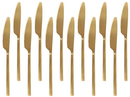 Argon Tableware 12 Stainless Steel Dinner Knives – 21cm Gold Finish Modern Cutlery Set for Dining & Entertaining – Stylish Dishwasher Safe Tableware