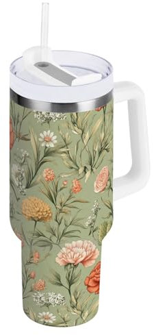 linqin Vakuumbecher mit roten Blumen, Kaktus, Salbeigrün, isoliert mit Deckel und Strohhalm, 1,2 l, Kinder-Wasserflaschen, wiederverwendbar, Campingbecher für Wandern, Sport, Camping