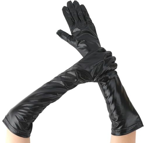 Damen Lange Schwarze Glänzende Handschuhe,1PCS Wet Look Leder Optik Handschuhe,Abendparty Tanzhandschuh Für Damen,Maskenball Thema Party Zubehör,Hochzeit Braut Halloween Kostüme Cosplay-Kleid