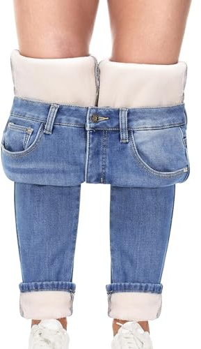 Fengbay Damen Fleece Gefüttert Jeans Winter Thermo Stretch High Waisted Skinny Casual Warm Po-Lift Denim Jeanshosen
