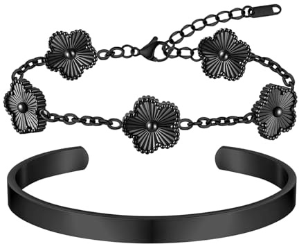 FLHEART Herren Armband Kleeblatt Armreif Set - 2 Stücke Verstellbare Armbänder Edelstahl Schwarz Kleeblatt Armband mit Klassiker Armreif für Männer, Geschenke für Geburtstags Weihnachten
