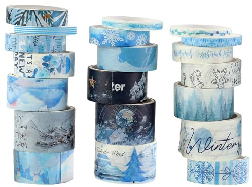Fyfjur 20 Rollen Washi Tape Winter, Washi Tape Set Selbstklebendes,Klebeband Bunt für DIY Winter Handwerk, Scrapbooking, Geschenkverpackung (5mm/10mm/15mm/20mm/25mm * 2M)