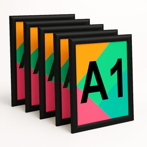 Aluanz Klapprahmen A1, Schwarz, 5er Set | Bilderleiste, Wechselrahmen mit Antireflexfolie, Posterrahmen für Wandmontage, Hoch- & Querformat, 87 x 63 x 1,2 cm