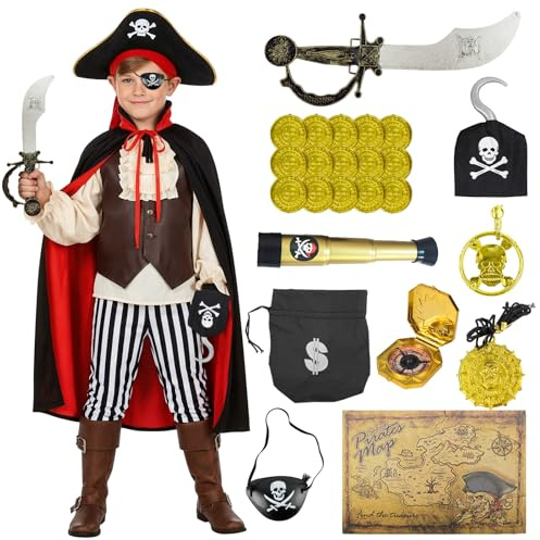 Piratenkostüm Kinder, 12 Piraten Kostüm für Junge Mädchen, Mantel Piratenhut Piratenhaken Fernrohr Piratenmesser Augenklappe Ohrringe Halskette Kompass Karte, Pirat Kostüm für Halloween Karneval