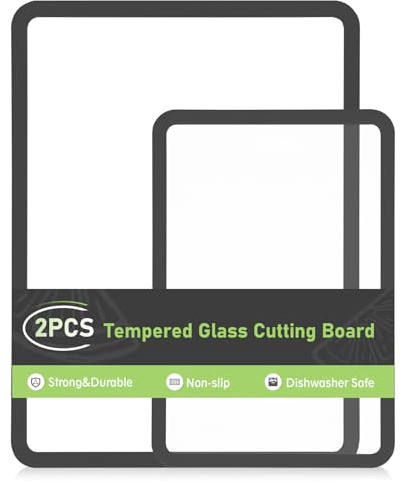 IDekooror Cutting Board, Tempered Glass Cutting Board for Kitchen Counter, 2Pcs Chopping Board Set with Non-Slip Silicone Edges, Heat Resistant, Dishwasher Safe, Kitchen Decoration