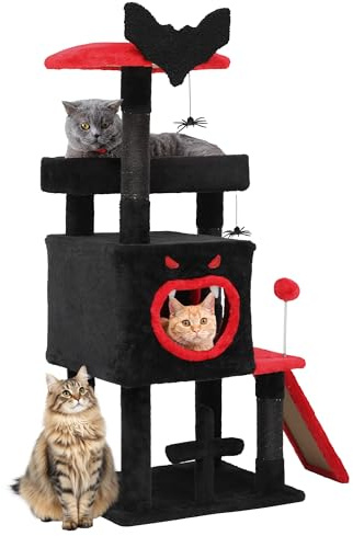 DWVO Árbol de Gato gótico de 111 cm para Interior con Cama de ataúd, espaciosa casa para Gatos, Bola de araña Colgante y rascador, Color Negro