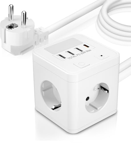 Ladron Enchufes USB C 20W con 4 Tomas, Cubo Regleta Enchufes 1.5 Cable con 1 USB C y 3 USB A, Enchufe Múltiple con Interruptor y luz Nocturna para Viajes, Cocina, Oficina