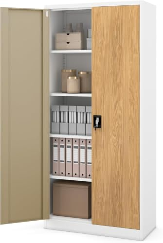 Jan Nowak Armario metálico Oficina para Documentos con Llave, Armario archivador metálico con estantes Ajustables, Gran Capacidad 195 x 90 x 40 cm Blanco Roble Dorado