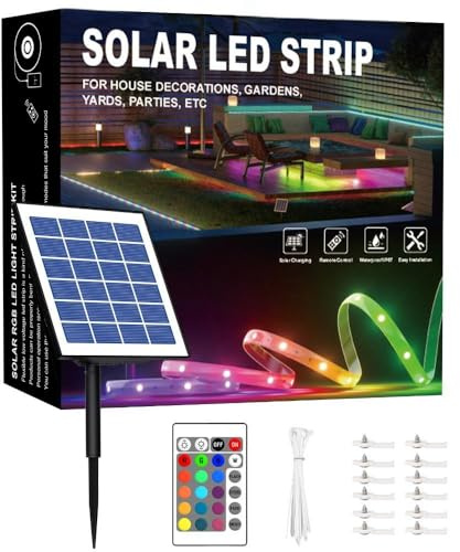 15 Meter lange, solarbetriebene RGB-LED-Lichtleiste Mit selbstklebender Rückseite Mit automatischer Ein-/Ausschaltfunktion Lieferung mit Fernbedienung und Zeitschaltuhr Ideal für dekorative Zwecke