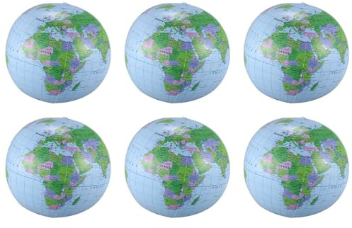 Mokamika 6 x uppblåsbar leksak, glob, träning, geografi, karta, ballong, vattenboll, 40 cm