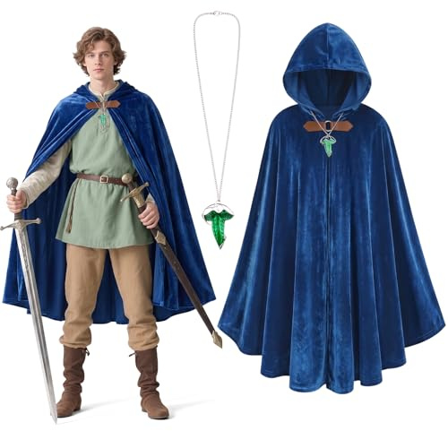 BSBUY Unisex medeltida set med kappa och grön bladkedja, herre ringen, medeltida kappa med huva renässans cloak, damer cape, män Gandalf kostym halloween kostym karneval, Marinblå, 100