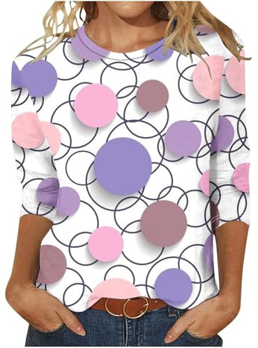 FlutVolt damblus vardaglig 3/4-ärm t-shirt elegant bomull tunika toppar lös rund hals sommarskjortor färgglad randig lång skjorta vintage sport lång blus kvinnors sommartröja, 166 Lila, XXL
