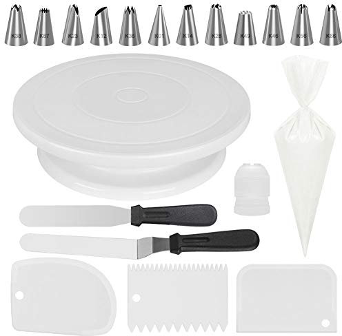 Kootek 69 Pcs Cake Decorating Kit Supplies Tools with Cake Turntable Stand, 50 Disposable Pastry Bags, 12 Piping Tips, 2 Icing Spatula, 3 Icing Smoother and 1 Coupler, Piping Bags and Tips Set, White