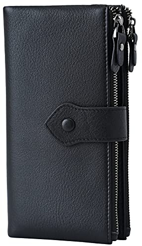 Bveyzi Women Soft Leather RFID Blocking Bifold Slim Wallets Ladies Credit Card Holder Double Zipper Pocket(Black)
