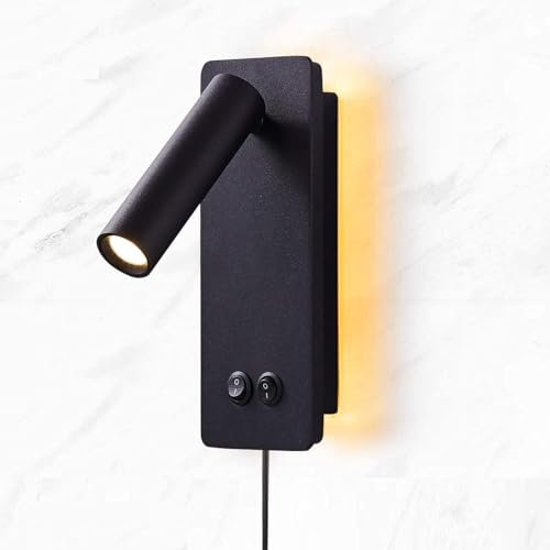 MOLUOLA LIGHTING LED Wall Mounted Reading Lights for Bedroom, Backlight Night Wall Lamp, Plug in Cord Adjustable Wall Sconces, Book Reading Lamps, Backlight 3W+12W 3000k Warm Wall Light (Black)