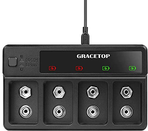 Caricabatterie per Pile Ricaricabili per 9V con 4 slot-indicatore di Ricarica LED Caricabatterie-Carica 2 o 4 Batterie al Litio 9v/Ni-MH 9v