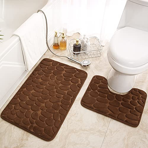 LiveGo Badematten-Set, 2-teilig, Badezimmermatte und U-förmiger Kontur-Toilettenvorleger-Set, Memory-Schaum, rutschfest, saugfähig, maschinenwaschbar, schnell trocknend, Duschboden-Badematte (braun)