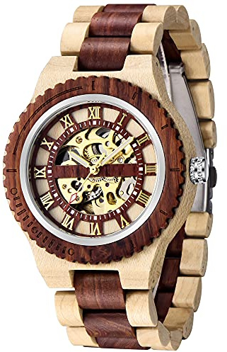 Tiong Herren Holz Mechanische Uhren Skelett Römische Ziffern Automatikaufzug Holzuhr Leichtgewicht für Männer Armbanduhr