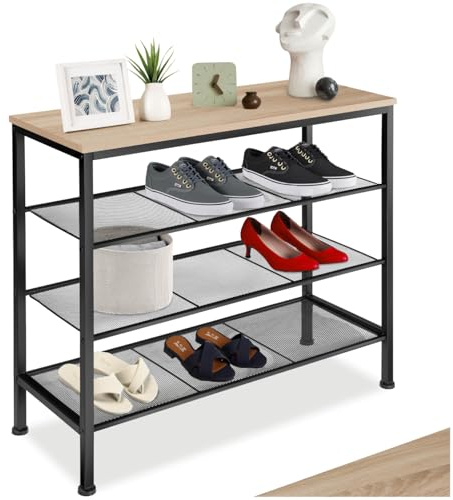 tectake® Schuhregal schmal mit Sitzfläche, Schuhbank 4 Ebenen, 3 Gitterablagen, Schuhregal platzsparend 80,5 x 30,5 x 72,5cm, Flur Regal, Schuhschrank, Garderobe (Industrial Holz hell, Eiche Sonoma)