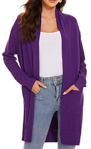 Huuloo Damen-Strickjacke mit offenem Vorderteil, langer Schal, mit Taschen, Violett, Medium