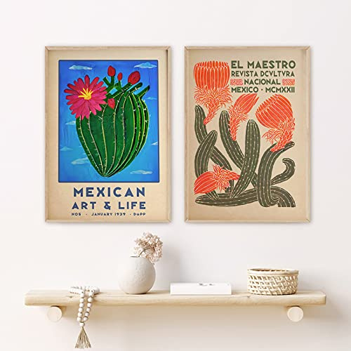 2 Stück Mexikanische Kultur Ausstellung Wandkunst Blumen Vintage Poster Und Drucke Leinwand Malerei Kaktus Bild Wohnzimmer Wohnkultur 50Cmx70Cm Kein Rahmen