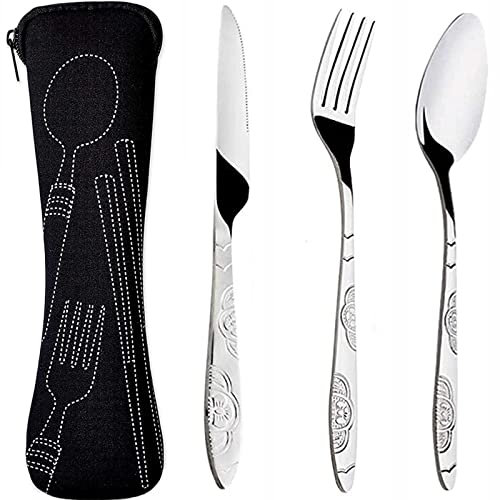 XOPOZON Lot de 3 Couverts de Camping, Ensemble de Couverts Transportables, Couverts en Acier Inoxydable avec Sac en Néoprène Idéal pour les Voyages et le Camping (Noir)