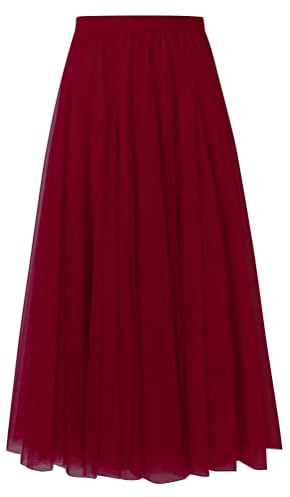 shownicer Femmes Jupe Longue Superposée en Tulle Tutu Transparent Jupes De Bal en Gaze De Couleur Unie élastiques à Taille Haute A Vin Rouge 3XL