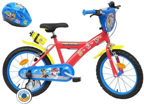 Vélo ATLAS, Bicicletta per bambini dotata di 2 freni, Bidon/Porta borraccia parafanghi, piastra anteriore, stabilizzatori rimovibili + casco Pat Patrol incluso Ragazzo, rosso, 16 pollici
