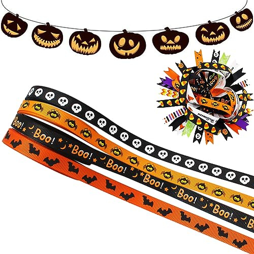 Cinta Halloween,Cintas de Grogrén,Cintas con Temática de Halloween,Cinta de Decoración,Lindos Lazos para Empaquetar,Ideal para Envolver Regalos y Decorar Fiestas 4 Rollos Tokaneit