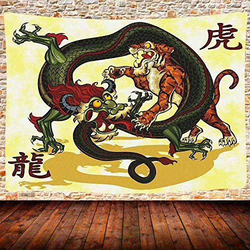 Wandteppich Asiatischer Chinesischer Drache Und Tiger Deko Kunst Wandteppich Langlebig Wandteppiche Für Schlafsaal Deko Geschenke,130X150Cm
