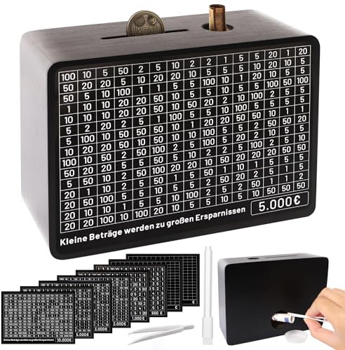 Spardose Holz,Sparbox mit Zahlen, with Ziel,Spardose Zum Ankreuzen,Sparschwein mit Sparziel, Spardosen €500 €1,000 €2,000 €3,000 €5,000 Euro Keine Montage (Schwarz)