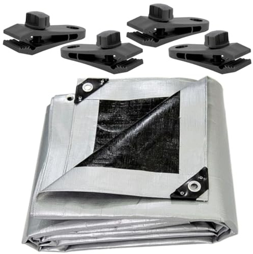 4 x 4 m Tarpaulin Cover Premium Heavy-Duty 260 GSM Extra Thick, Waterproof, Frost-Resistant, UV Protection, Universal, Multipurpose (Silver/Black) + 4 Tarp Clamps