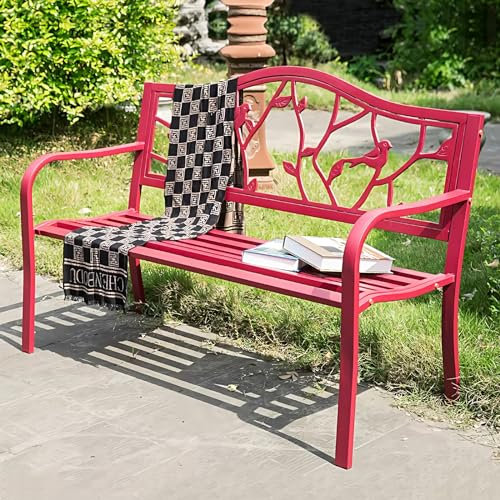 LLZJDDPLY 130cm Gartenbank wetterfest, Stahl Metallrahmen Patio Gartenbank mit Vogelmuster-Rückenlehne for Veranda, Hinterhof, Rasen (Color : A)